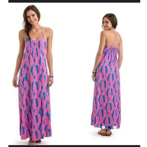 Vineyard Vines Pink Blue Tropical Leaf Frond Palm Maxi Dress